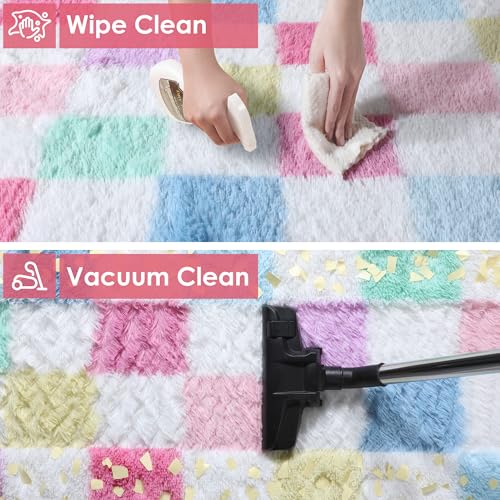 Image of KICMOR Checkered Rug 8x10 for Living Room, Rainbow Colorful Fluffy Soft Large Area Rug Fuzzy Shag Shaggy Bedroom Carpet, Cute Indoor Plush Rugs for Kids Girls Boys Dorm Nursery Home Decor Aesthetic