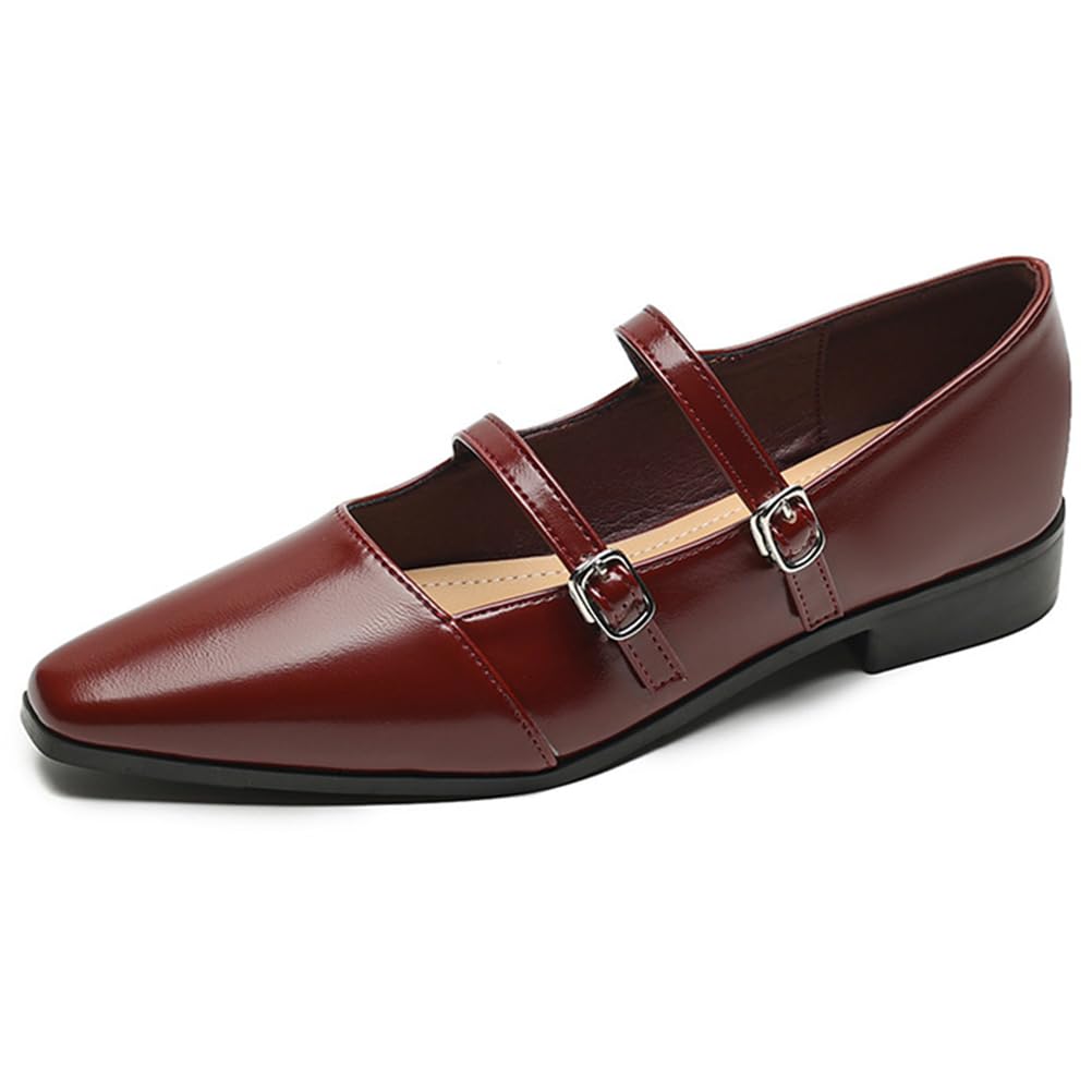Damskie buty z podwójnym paskiem Mary Jane Flats, szpiczasty nosek z klamrą - dostępne w kolorze morelowym, czarnym i bordowym