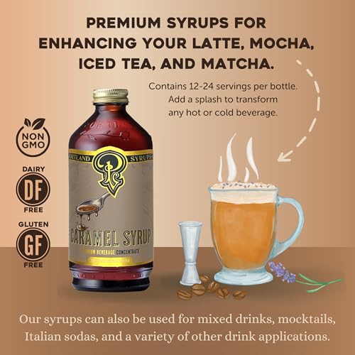 Image of Portland Syrups Caramel Syrup - Flavoring for Coffee, Lattes, Cold Brew, Macchiatos, Cocktails, & Desserts - Ideal for Drinks & Adding a Caramel Touch to Any Beverage - 12 oz, 24 servings (Pack of 1)