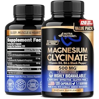 Two bottles of NUTRAHARMONY Magnesium Glycinate 500 mg chelated supplement, featuring Vitamin D3, B6, and Black Pepper for enhanced absorption. Highly bioavailable, non-GMO, gluten-free, and lab-tested. 120 capsules per bottle, supporting sleep, muscle, and heart health.