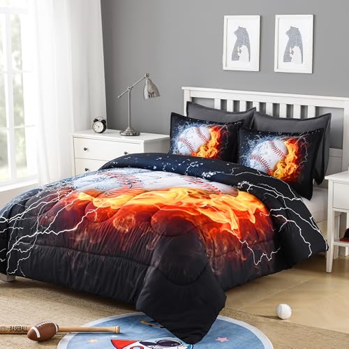 Image of Andency 3D Baseball Comforter Full (79x90 Inch), 3 Pieces(1 Baseball Comforter, 2 Pillowcases) Polyester Sport Bedding Set for Boys Kids Teens