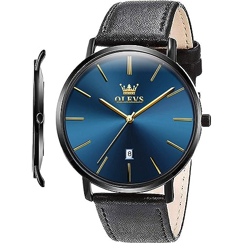 Image of OLEVS Men Leather Watches Black Ultra Thin 6.5mm Minimalist Dress Fashion Simple Casual Waterproof Date Watch for Men