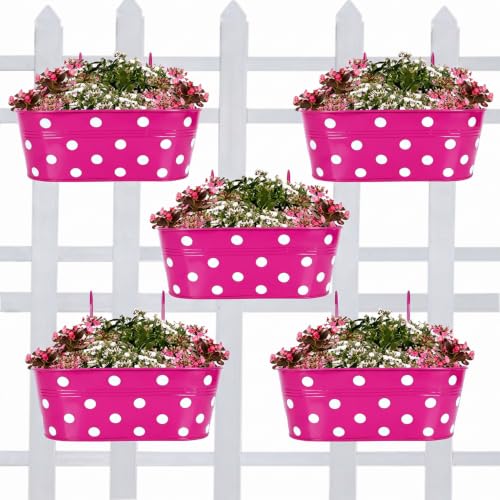 Image of TrustBasket Dotted Oval Railing Planters Basket - Magenta (Set of 5) | Heavy-Duty UV Stabilized Metal Flower Pots for Railings, Fence & Balcony, Indoor Outdoor Herb, Flower & Decorative Plants