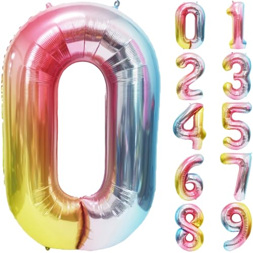 Image of Rainbow Number Balloons Birthday Balloons - Giant Number 0 Balloon 40 inch, Numbers Balloon Birthday Decorations, Rainbow Party Supplies for Baby Shower