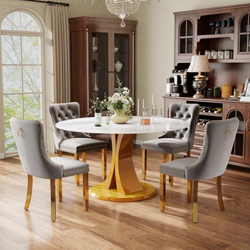 Image of 5-Piece Dining Table Set with 47In Faux Marble Table and 4 Velvet Upholstered Chairs, Modern Scandinavian Furniture for Dining Room Kitchen(Gray&Gold)