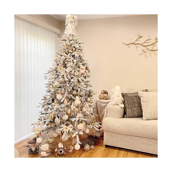 Fraser hill farm 65 ft mountain pine flocked artificial christmas tree with white incandescent smart lights and stand prelit foldable fake tree with realistic snowy foliage for home decoration  urban country home decor
