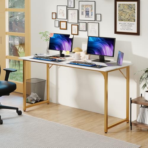 Image of PayLessHere | 55 Inch Computer Desk | White Gold | Office Desk with Metal Frame, Adjustable Feet | Water-Resistant, Scratchproof Surface | Sturdy Writing Table for Home Office or Study | Pack of 1