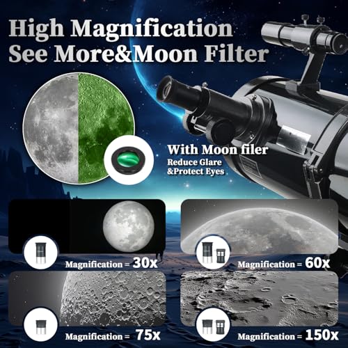 Image of HINISO 150EQ Astronomical Telescope for Adults, Beginners & Students | 150mm Newtonian Reflector with Equatorial Mount | Moon & Planet Viewing | Bluetooth Remote, Phone Adapter & Tripod