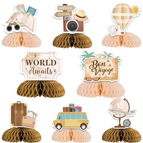 Kreatwow Voyage décorations de fête à thème 8pcs fête de Voyage centres de Table en nid d’abeille Bon Voyage décor de fête aventure attend surmatures...
