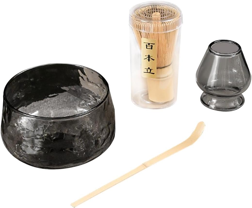 Matcha Whisk Set Matcha Tea Ceremony Set, Matcha Whisk, Traditional Scoop, Scoop Holder and Glass Matcha Bowls, Black/442