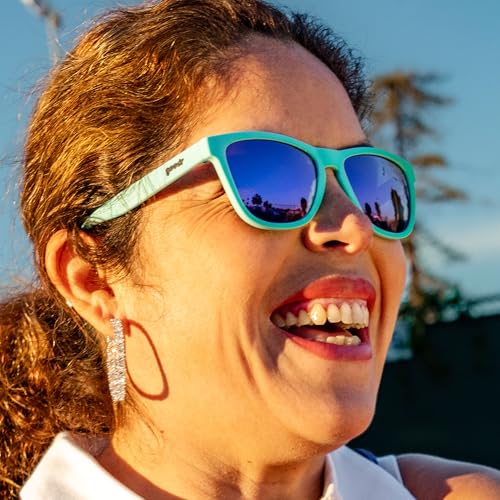 goodr Electric Dinotopia Carnival Polarized Sunglasses for Men & Women, Light Teal Solid Frames with Purple Reflective Lens, UV400 Protection, No Slip4