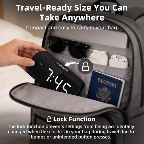 Image of Battery Operated Small Alarm Clock: Digital Compact Large Display Cordless Clock for Bedroom Travel - Simple to Use for Seniors Teens White Digits