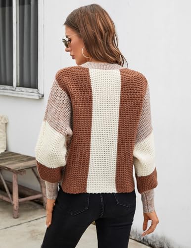 Image of Libsorge Womens Cute Color Block Waffle Ribbed Knit Lightweight Sweater Fall Winter 2024 Spring 2025 Trendy Ladies Dressy Casual Soft Cozy Crewneck Long Sleeve Thin Pullover Top Coffee Brown S