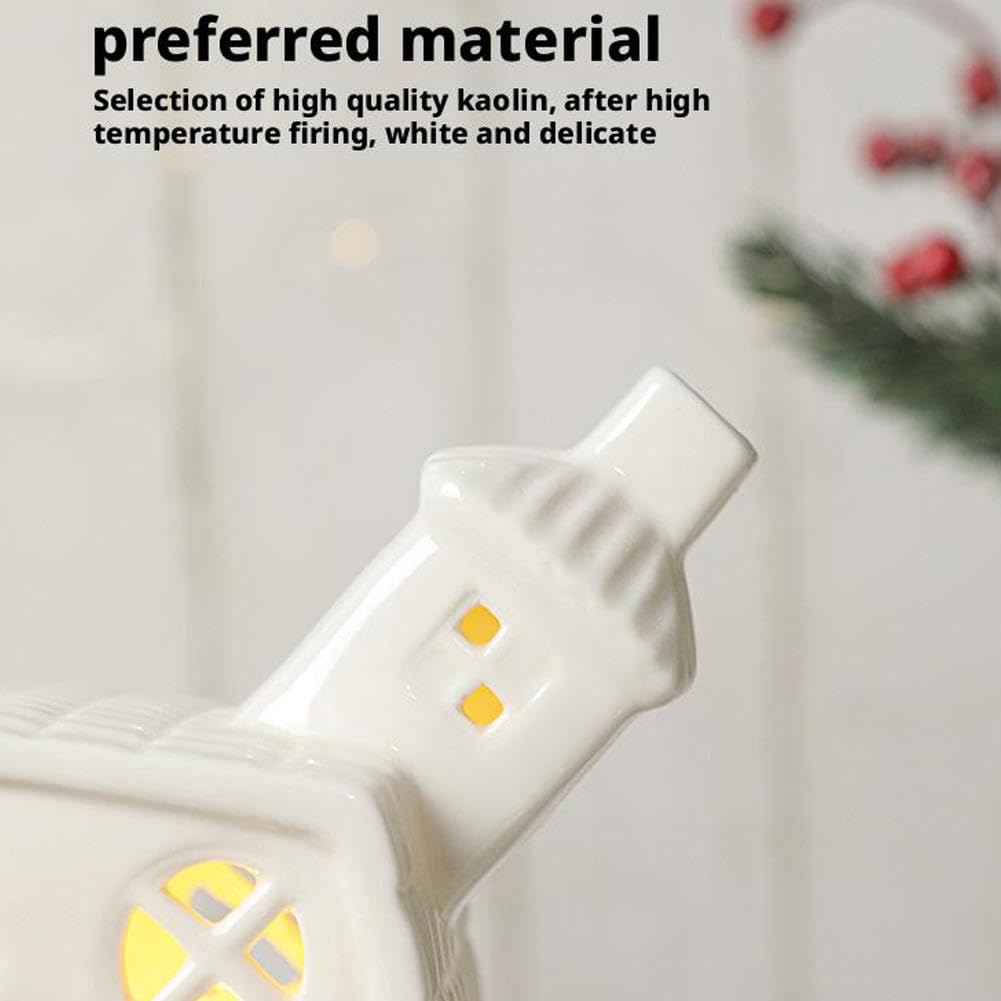 Juego de pueblo de Navidad, casas de pueblo de Navidad blancas con iluminación LED, figuras de Navidad en miniatura, adorno de escritorio, colección LED para decoración de estantes de mesa