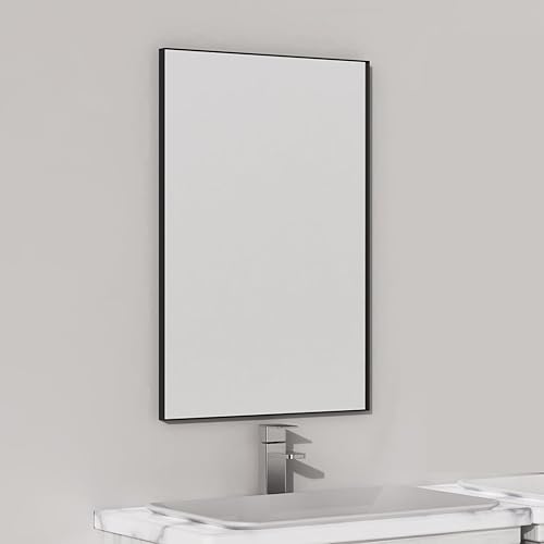 VocalStar - Espejo de baño negro de 16 x 24 pulgadas para pared, espejo rectangular de esquina cuadrada con marco de metal negro para tocador de