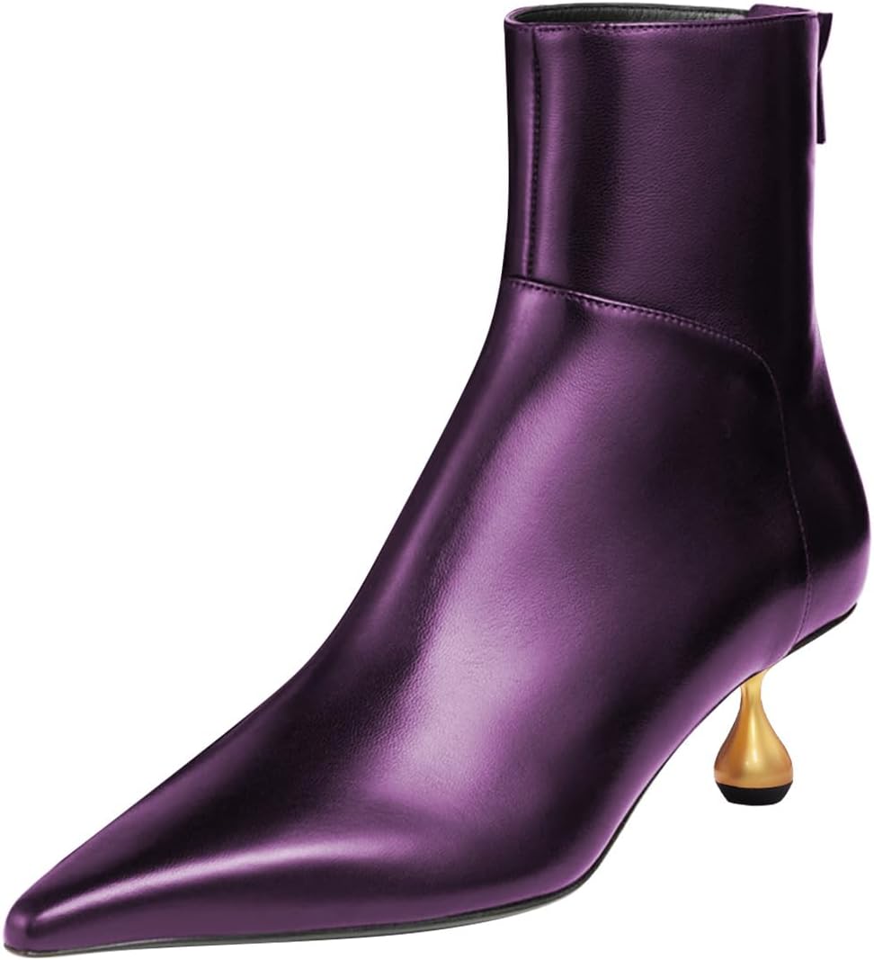 FSJ Women Pointed Toe Ankle Boots Special Kitten Low Heel Back Zipper Short Booties Faux Leather Comfortable Walking Dress Shoes Size 4-16 US