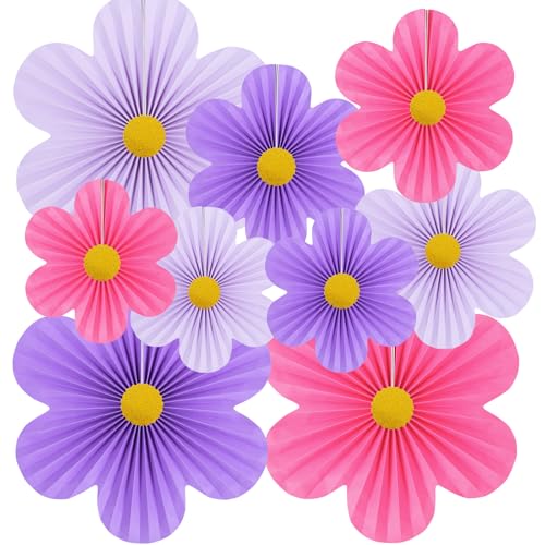 Yuxiou Purple Party Decorations Paper Flowers Decorations for Wall Classroom Paper Fans Floral Backdrop Flower Wall Decor Pack of 9 Pink Purple
