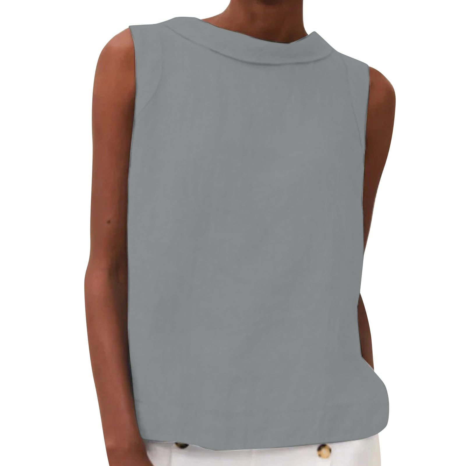 Women's Cotton Linen Tank Tops High Neck Casual Cami Sleeveless Camisole Blouses Summer Basic Shirt Solid Color Crop Tops(Grey,X-Large) โ image 1