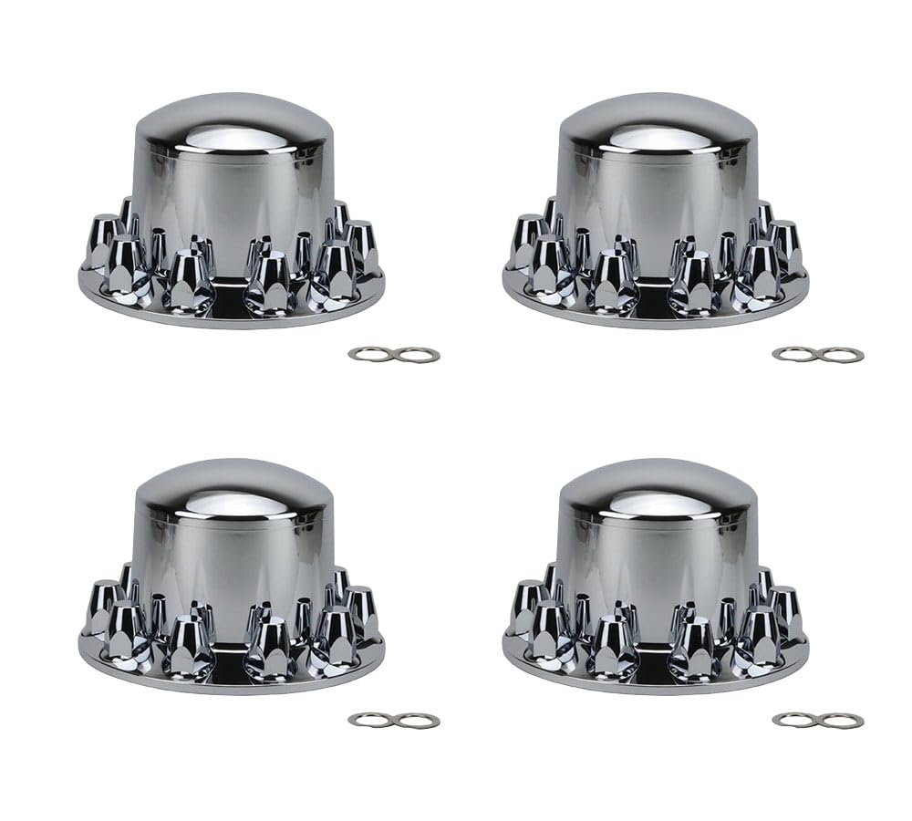 Mytee Products 4 Pack 33mm Rear Hub Cover Set Chrome Screw On w/Locking Mechanism - Threaded Lug Wheel Nut Chrome Hub Cover Set Replace ACX40200, Bendix 40200RC, Kenworth MW972, Meritor EC15600