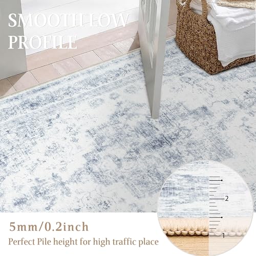 Washable Rug 8x10 Area Rug for Living Room Blue Vintage Boho Medallion Large Distressed Retro Carpet Non Slip Indoor Low Pile Small Soft Bedroom Dining Room Home Office