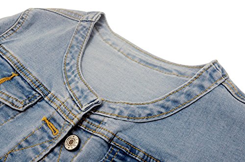 Trendy XU Washed Three Quarter Sleeve Stretch Collarless Short Jeans Coat3