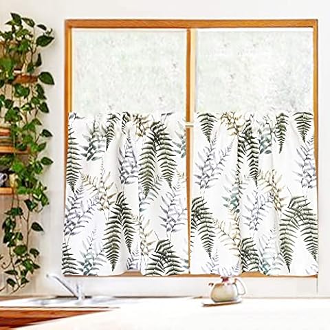 Valea Home Kitchen Curtains 24 inch Length Spring Watercolor Green Leaves Plants White Short Curtains for Living Room Bathroom Small Window Treatment Tiers, 2 Panels Cover
