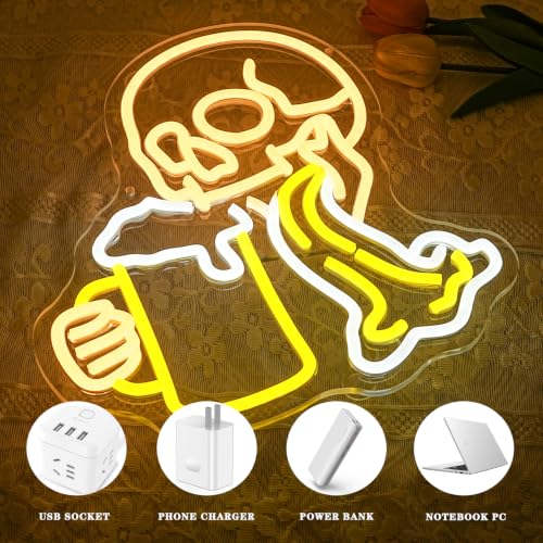 Image of Skull Beer Neon Sign for Wall Decor Halloween Neon Light Bar Led Sign Skeleton Beverage Neon Light Signs for Bedroom Halloween Decoration
