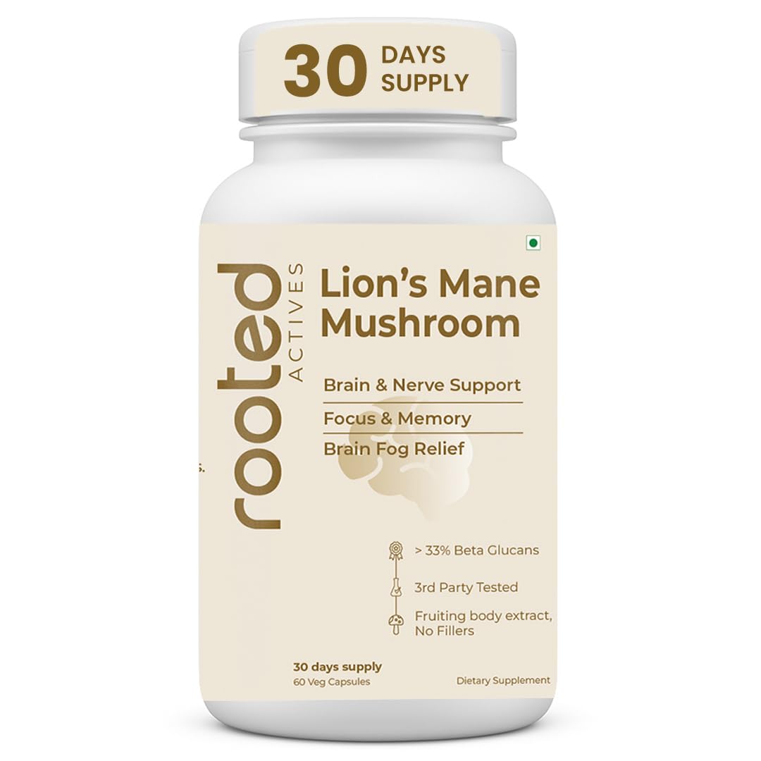 Rooted Active's Lion's Mane Mushroom for Brain Health Support - Mushroom Support for Focus & Memory Function - Immune & Nervous System Supplement | 60 Caps