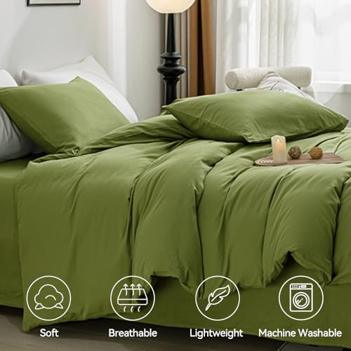 Image of JELLYMONI Christams Duvet Cover Twin Size - 100% Washed Cotton Linen Feel Textured Comforter Cover, 2 Pieces Breathable Soft Bedding Set with Zipper Closure (Avocado Green, Twin 68 inchx90 inch)