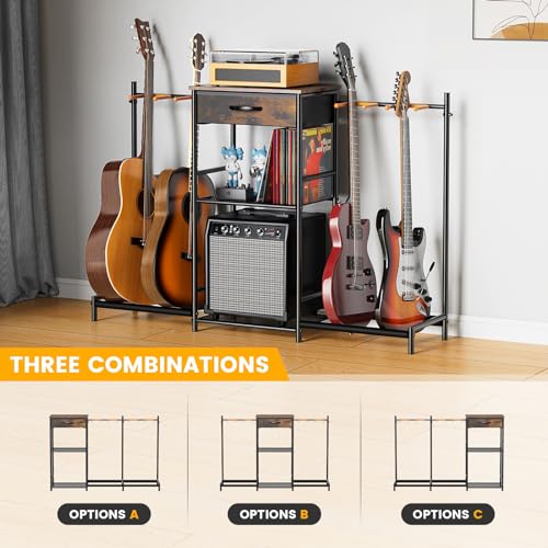 Guitar Stands Floor with 4 Guitar Holders, 3-Tier Guitar Stand Multiple Guitars, Guitar Rack with Amp Stand & Cloth Drawer, Multi Guitar Stand for Music Studio, Guitar Accessories gift for Music Lover