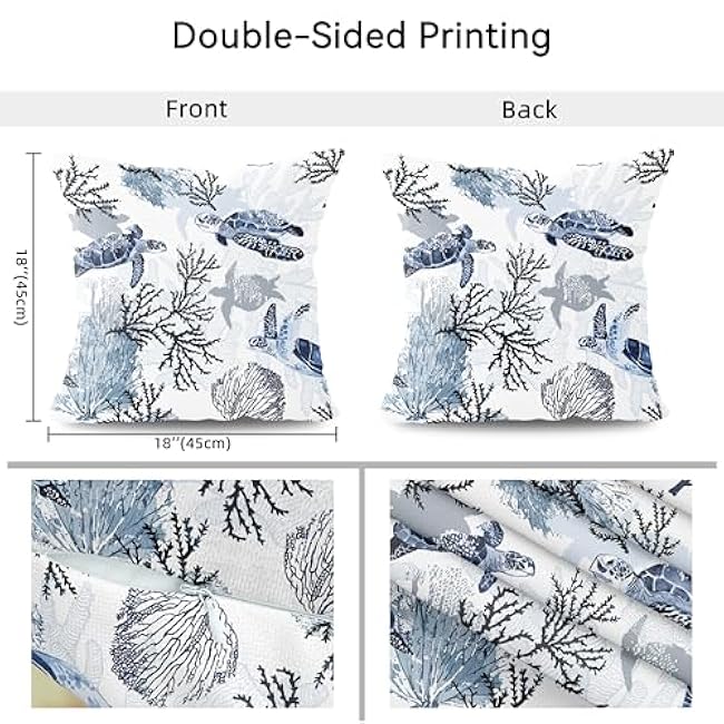 weesire Nautical Coastal Throw Pillow Covers Set of 2 Beach Themed Ocean Coral Sea Turtle Decorative Pillow Cases Outdoor Sofa Cushion Cover for Bedroom Living Room, 18x18, Blue