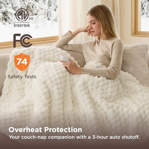 Image of Bedsure Heated Blanket Throw - Super Soft Flannel Sherpa Electric Blanket with Bubble Pattern, Heating with 6 Heating Levels, 4 Time Settings, and 3-Hour Auto-Off (Coconut White, 50x60 inches)