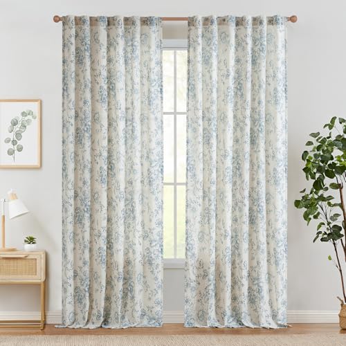 TOPICK Rideaux Salon Draperies Moderne Vintage Botanique Bleu 140L X 225H cm, Rideau Lin Naturel avec Motif Fleurs Passe Tringle, Semi Transparent pour Salon Chambre...