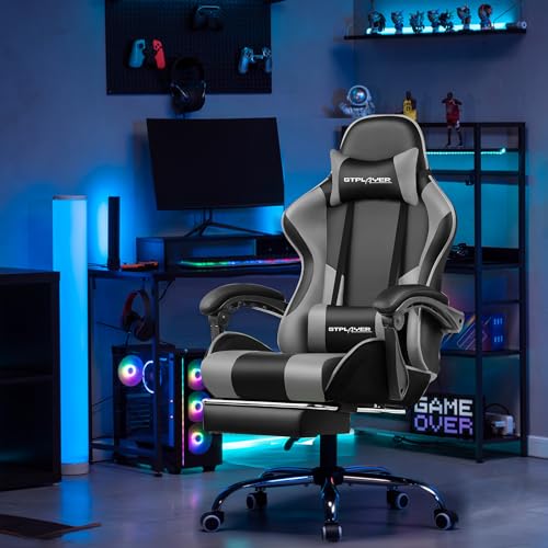 GTPLAYER Gaming Stuhl, Bürostuhl, Ergonomischer Pc Stuhl, Gaming Sessel mit Massagelendenwirbelstütze, Task Stühle mit Fußstütze und Kopfstütze, Grau Kunstleder
