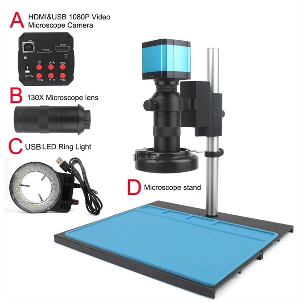 Microscope 2K HDMI USB Digital Video Monocular Industrial Electronic Microscope Camera 130X C-Mount Lens Kit for Phone PCB Soldering Repair(A B C D)
