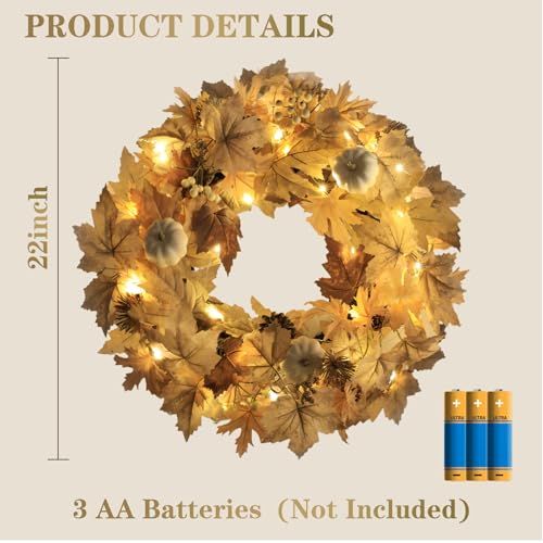 Image of Realistic Fall Wreath with Lights, 22 inch Fall Wreaths for Front Door with Pumpkins Fall Leaves Berries Pine Cones,Autumn Wreath Fall Decorations for Home Thanksgiving Halloween Decorations for Wall Door