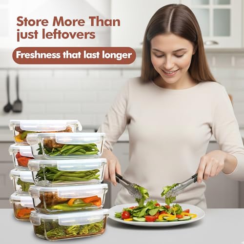 Image of Razab 16 Pc (Set of 8) 30 Oz Glass Meal Prep Containers with Lids, Airtight Large Glass Food Storage Containers, Reusable Leak Proof BPA Free, Freezer to Oven and Dishwasher Safe