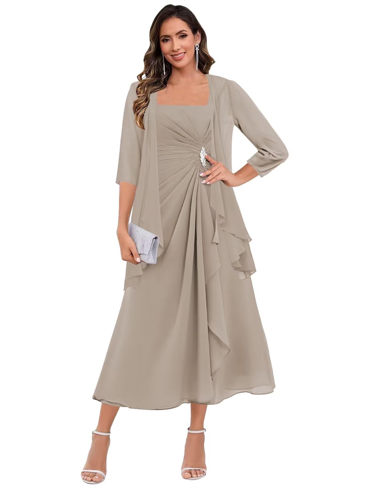 Bolodoo 2 Pieces Mother of The Bride Dresses for Wedding Chiffon Half Sleeve Ruched Formal Evening Gowns with Jacket