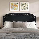 HOME DESIGN Bowie Queen Size Upholstered Headboard, Notched Corners, Nailhead Trim, Adjustable Height, Polyester Fabric, Solid Wood Frame, Black
