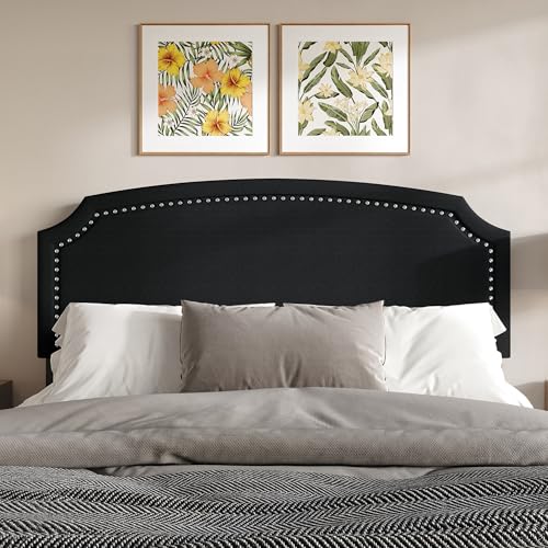 HOME DESIGN Bowie Queen Size Upholstered Headboard, Notched Corners, Nailhead Trim, Adjustable Height, Polyester Fabric, Solid Wood Frame, Black