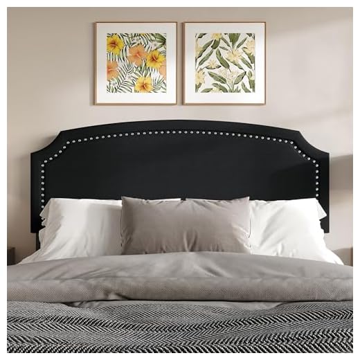 HOME DESIGN Bowie Queen Size Upholstered Headboard, Notched Corners, Nailhead Trim, Adjustable Height, Polyester Fabric, Solid Wood Frame, Black