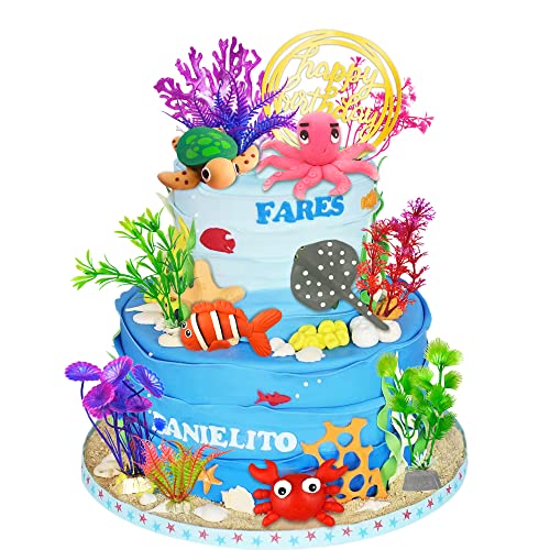 16 PCS Sea Ocean Cake Toppers Under the Sea Ocean Animals Birthday Cake Decorations for Sea Ocean Theme Baby Shower Birthday Party Supplies (Ocean)