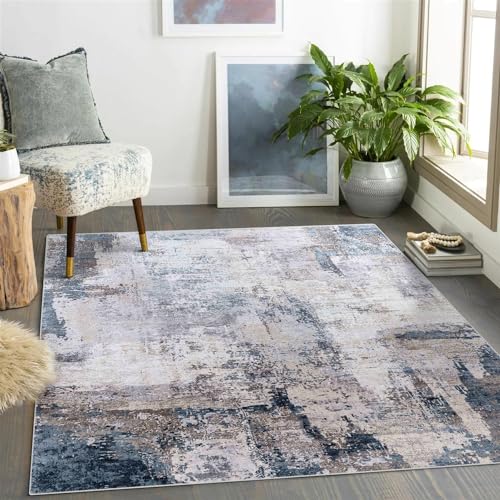 vivorug Washable Rug, Ultra Soft Area Rug 4x6, Non Slip Abstract Small Rug, Stain Resistant Rugs for Living Room Bedroom, Modern Fluffy (Gray/Navy, 4'x6')