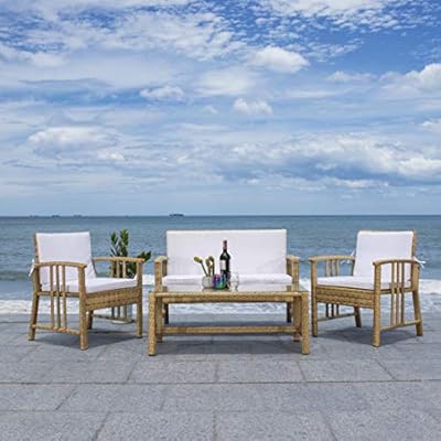 SAFAVIEH Outdoor Collection Reslor Wicker Cushion 4-Piece Living Set PAT7713D, Natural/White