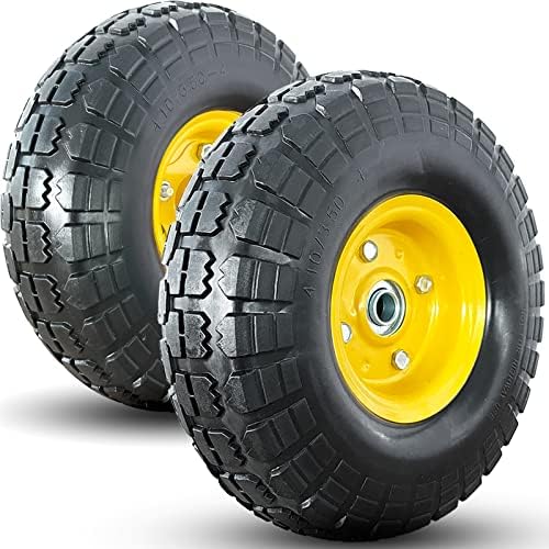 4.10/3.50-4 tire and Wheel,10" Flat Free Solid Tire Wheel with 5/8" Bearings,2.1" Offset Hub,for Gorilla Cart,Garden Carts,Dolly,Trolley,Dump Cart,Hand Truck/Wheelbarrow/Garden Wagon(2-Pack)