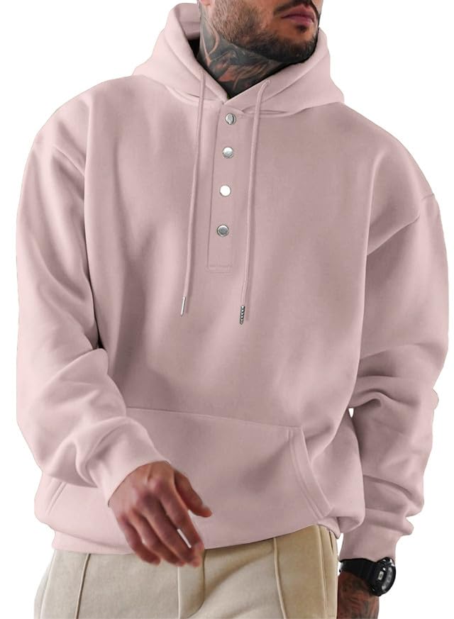 JMIERR Mens 2023 Cotton Hooded Button Collar Drawstring Hoodies Pullover Sweatshirts Casual Long Sleeve Shirts with Pocket