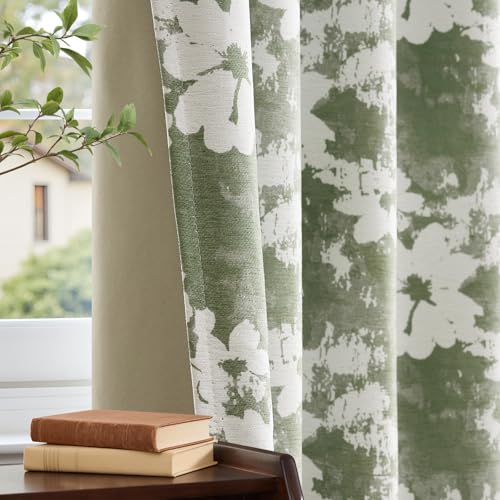 100% Blackout Green Floral Curtains,Vintage 96 Inch Thick Window Drapes