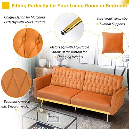 Acmease 70” Velvet Futon Sofa Bed W/Adjustable Armrests & 2 Pillows, Convertible Futon Couch, Modern Sleeper Bed For Living Room, Bedroom, Orange #TOP3