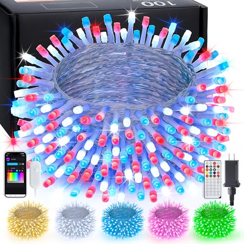 JMEXSUSS 100 LED Color Changing String Lights, 33ft Red White and Blue Lights with Remote & APP, Clear Wire Smart Twinkle Christmas Light Plug in for Daily Easter Independence Day Halloween Xmas