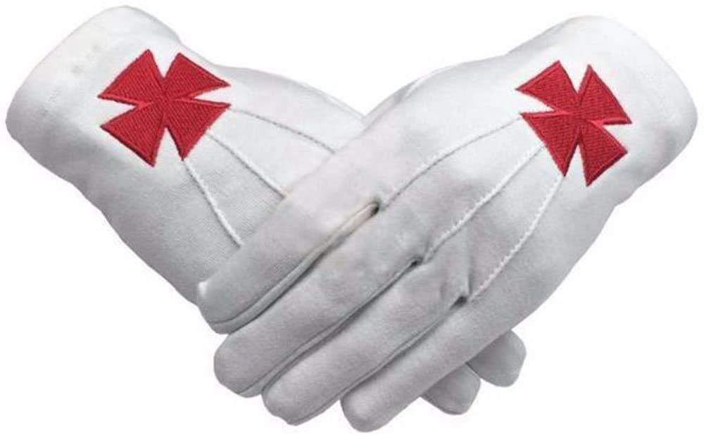 Masonic Knight Templar Red Nordic Cross White Cotton Machine Embroidery Glove (2 Pair) (Small)